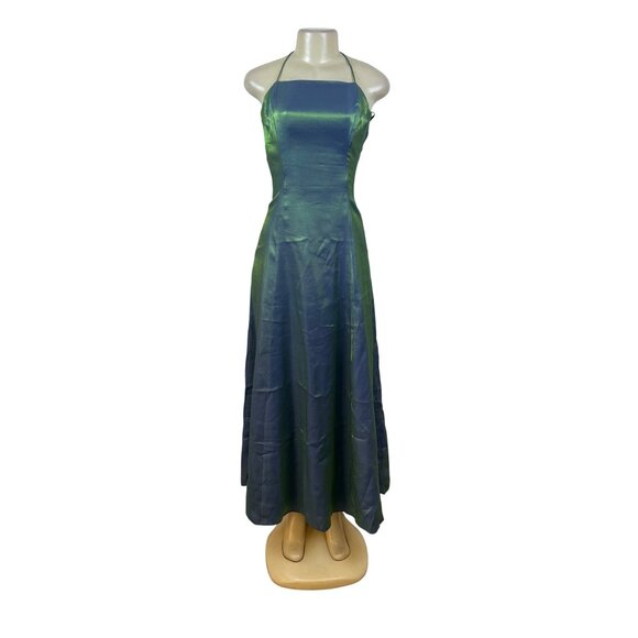 Nadine Green & Blue Iridescent Halter Maxi Dress Satin Back Tie Adjustable Sz 9 - Picture 1 of 11